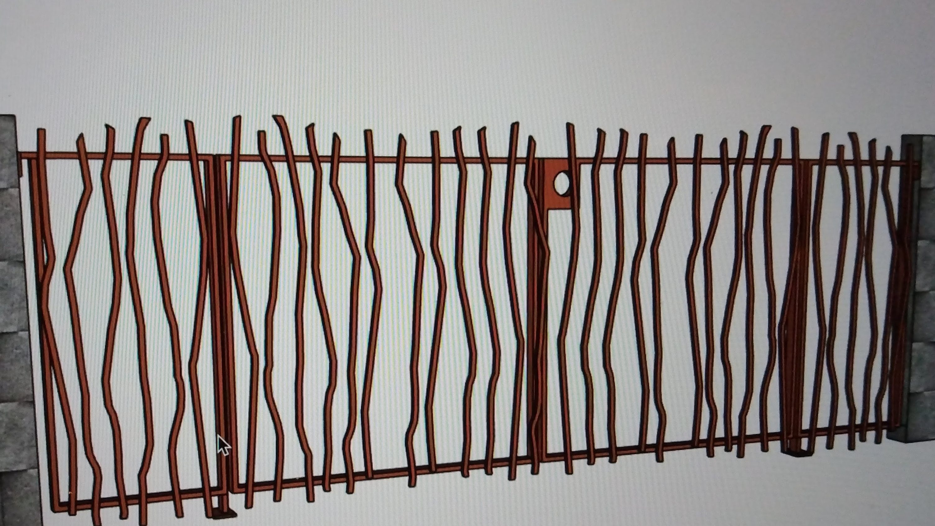 Concept sketch of a fence and gate that uses bent 1/2" steel tubing that are roughly 3" - 4" apart.